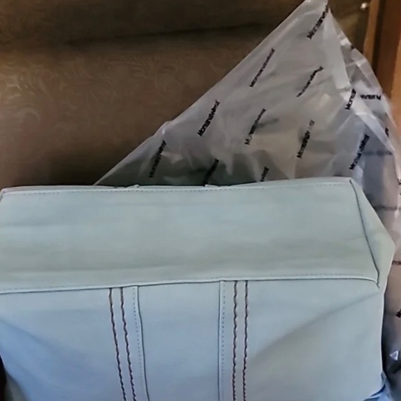 NWT Montana West Tote Bag Top Handle Oversized Handbag Light Blue Brown Piping - Picture 12 of 14